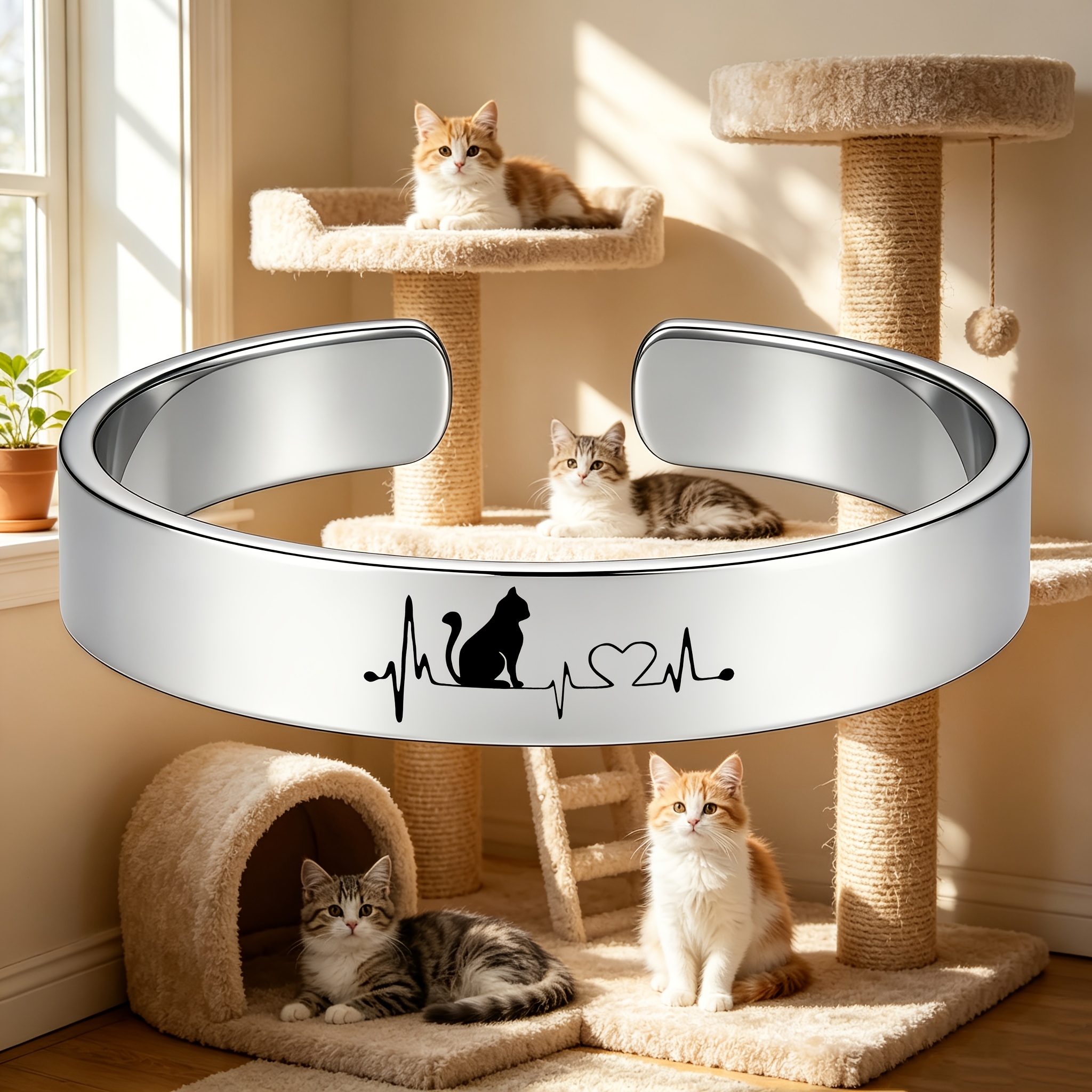 Cat Heartbeat Frequency Pattern Stainless Steel Open Bangle, Gift for Cat Lovers